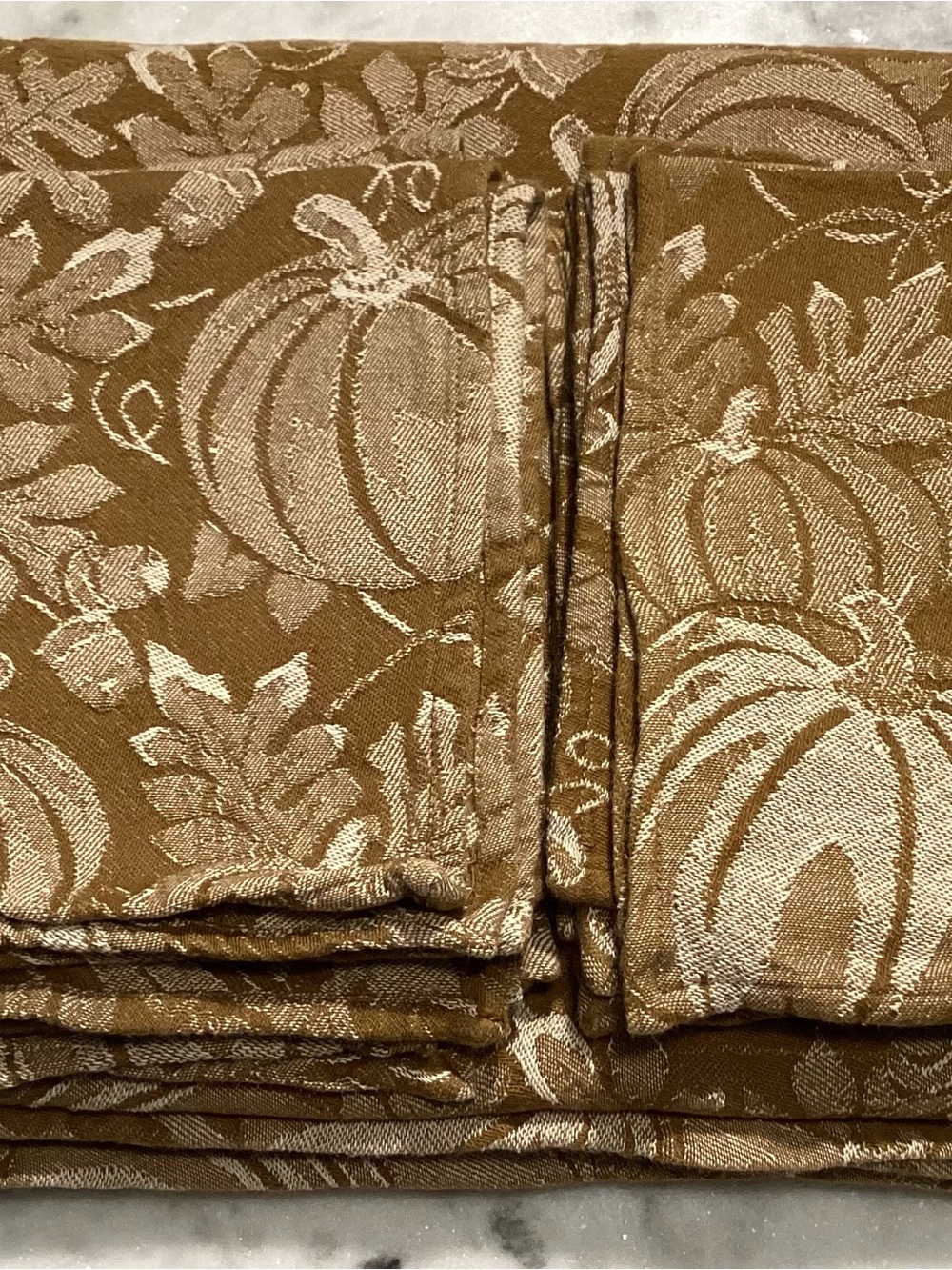 Vintage Fall Harvest Pumpkin Jacquard Tablecloth and Napkins Brown and Beige
